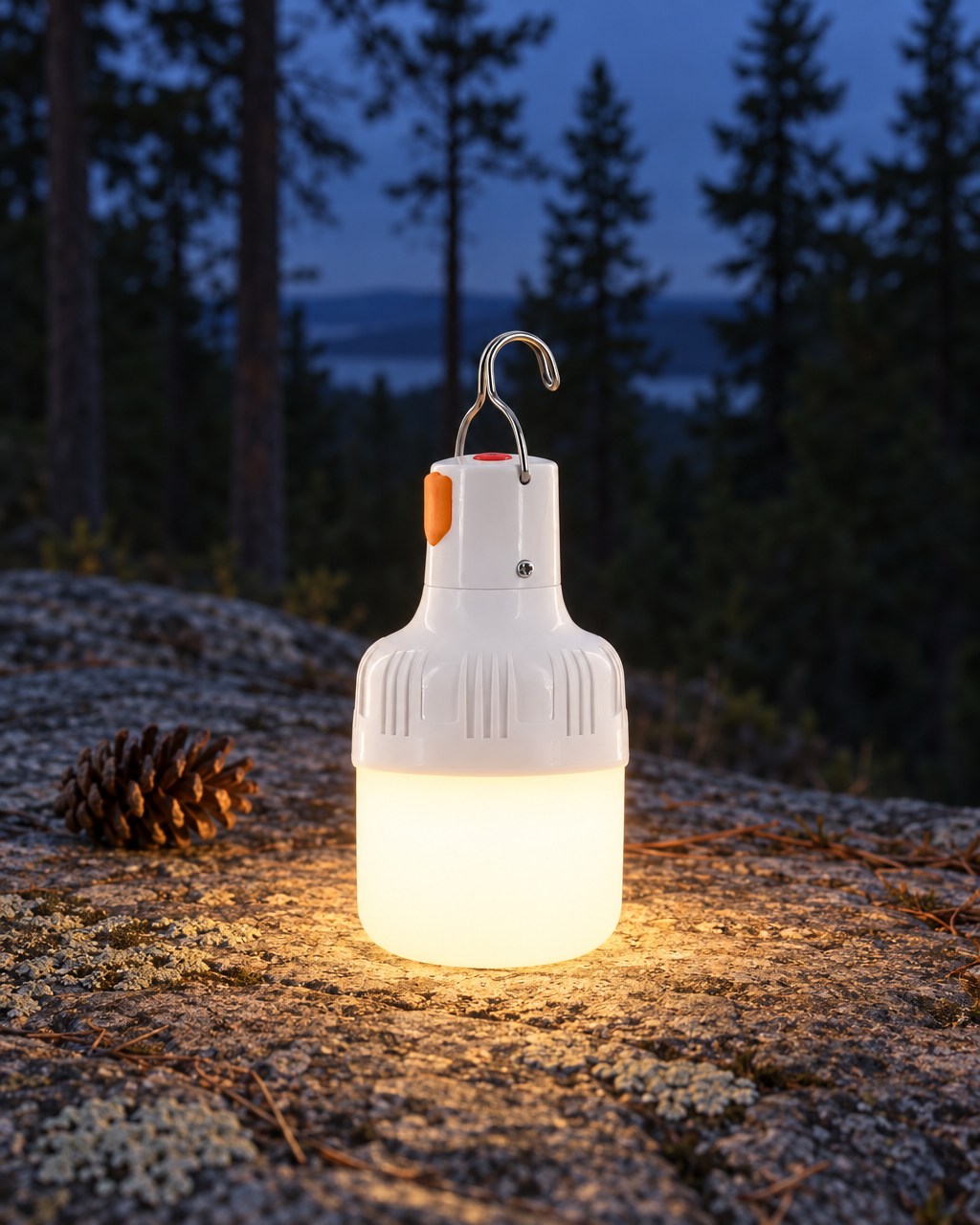 LED bulb lantern switched on at dusk on a granite ledge beside a pine cone, pine forest behind