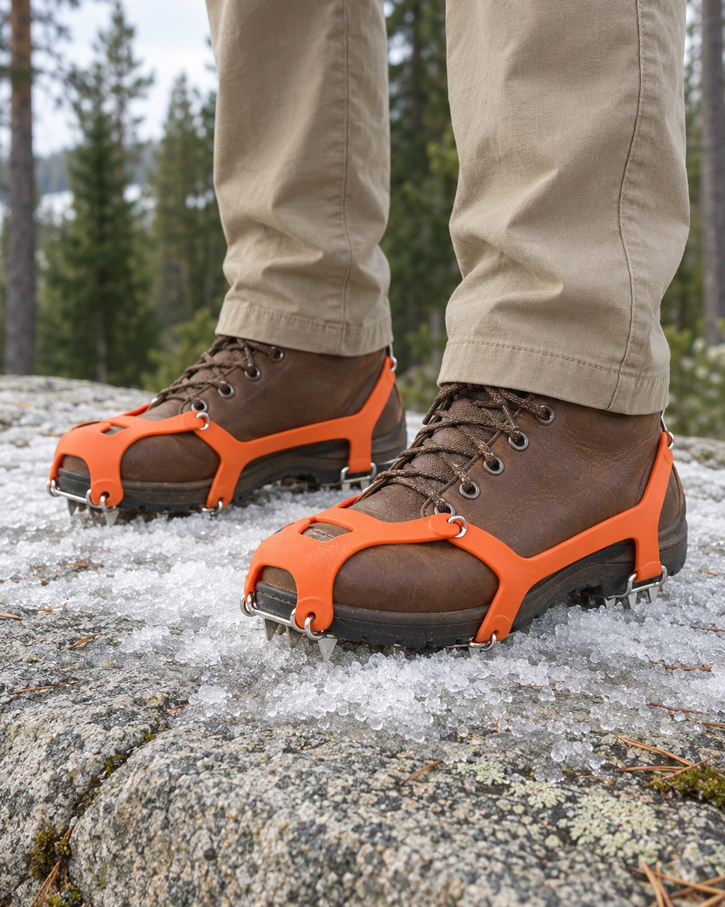 Orange slip-on crampons pulled over brown leather hiking boots on icy granite, steel spikes under the soles
