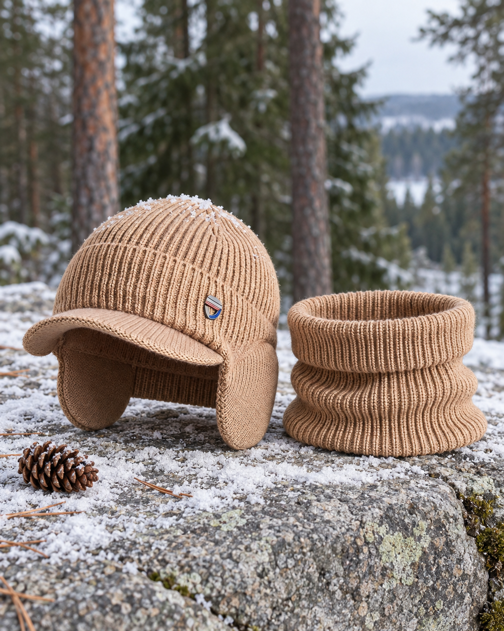 Camel knit hat and neck warmer set standing on snow-dusted granite beside a pine cone at the forest edge