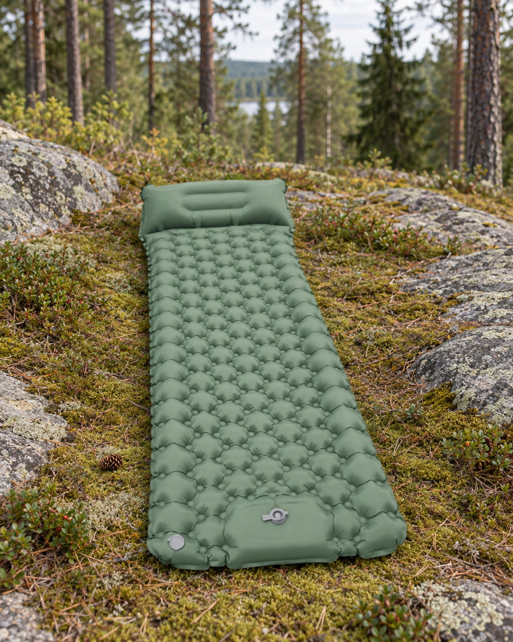 Sage green inflatable sleeping mat laid out on moss between granite slabs at the forest edge, pillow at the far end