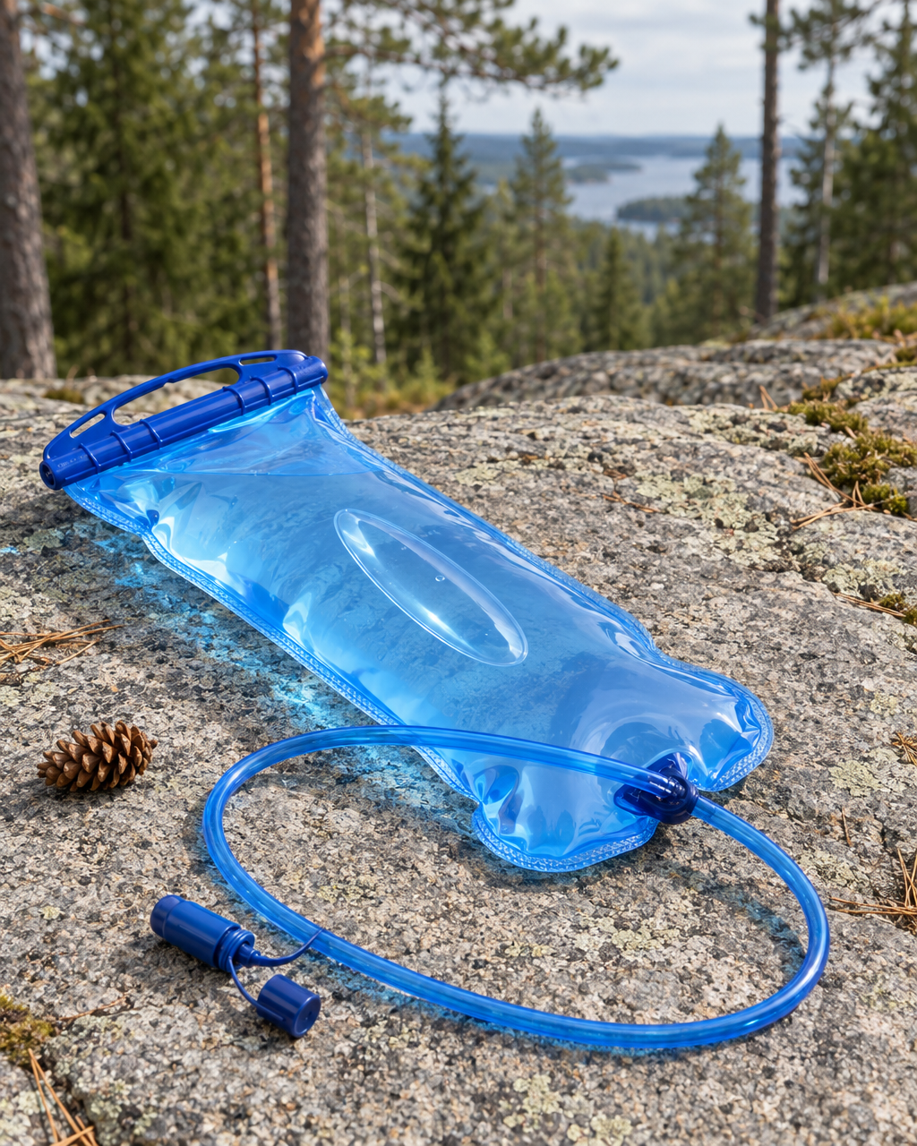 Blue hydration bladder filled with water lying on a granite ledge above a forest lake, its drinking tube looped on the stone