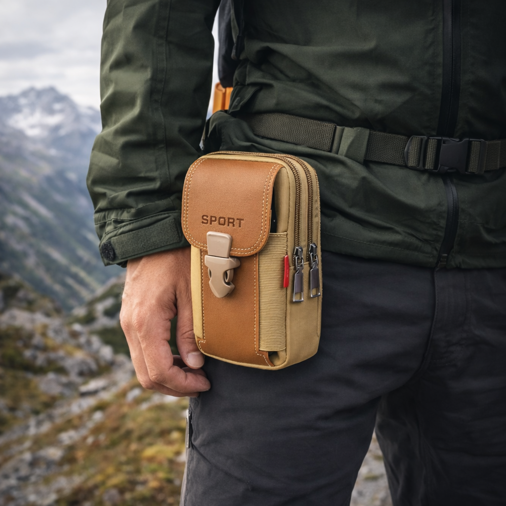 The brown belt pouch worn on a trouser belt with mountains behind