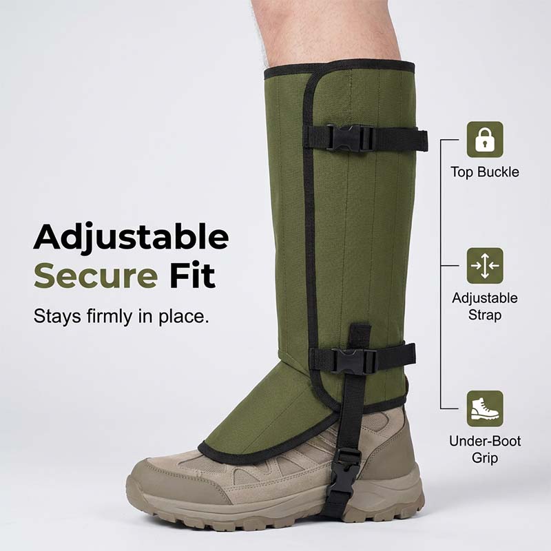 Army green gaiter worn over a hiking boot with labels pointing to the top buckle, the adjustable strap and the under-boot strap
