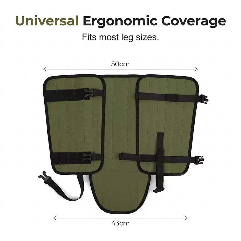 Army green gaiter opened out flat with its width marked, 50 cm at the top and 43 cm at the bottom