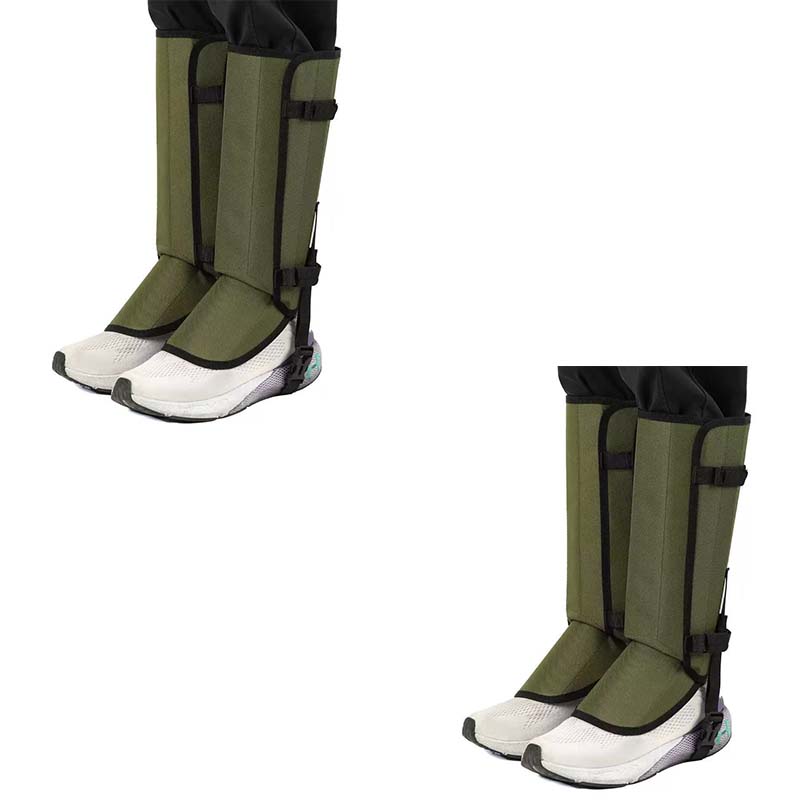 Army green hiking gaiters worn over trail shoes, shown from the front and from the side