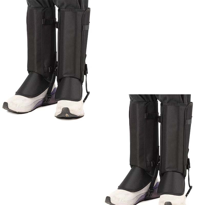 Black hiking gaiters worn over trail shoes, shown from the front and from the side