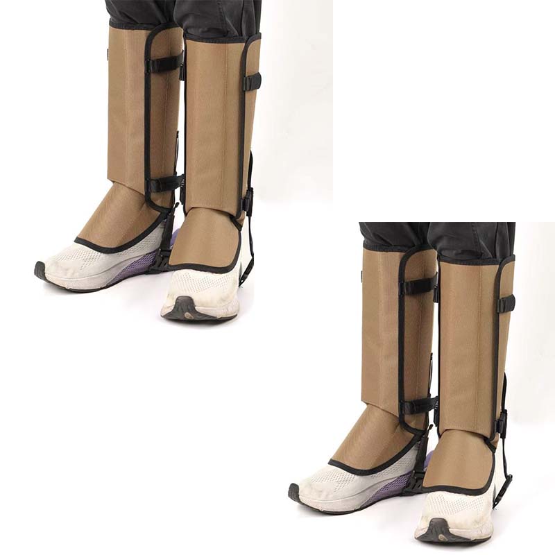 Khaki hiking gaiters worn over trail shoes, shown from the front and from the side