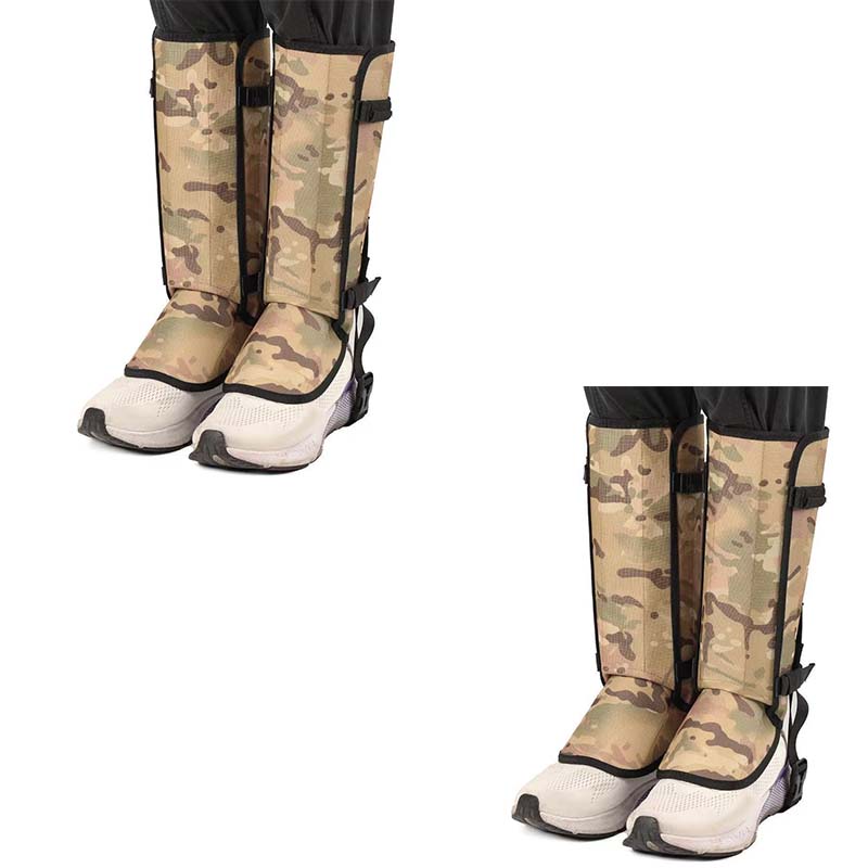 Camouflage print hiking gaiters worn over trail shoes, shown from the front and from the side