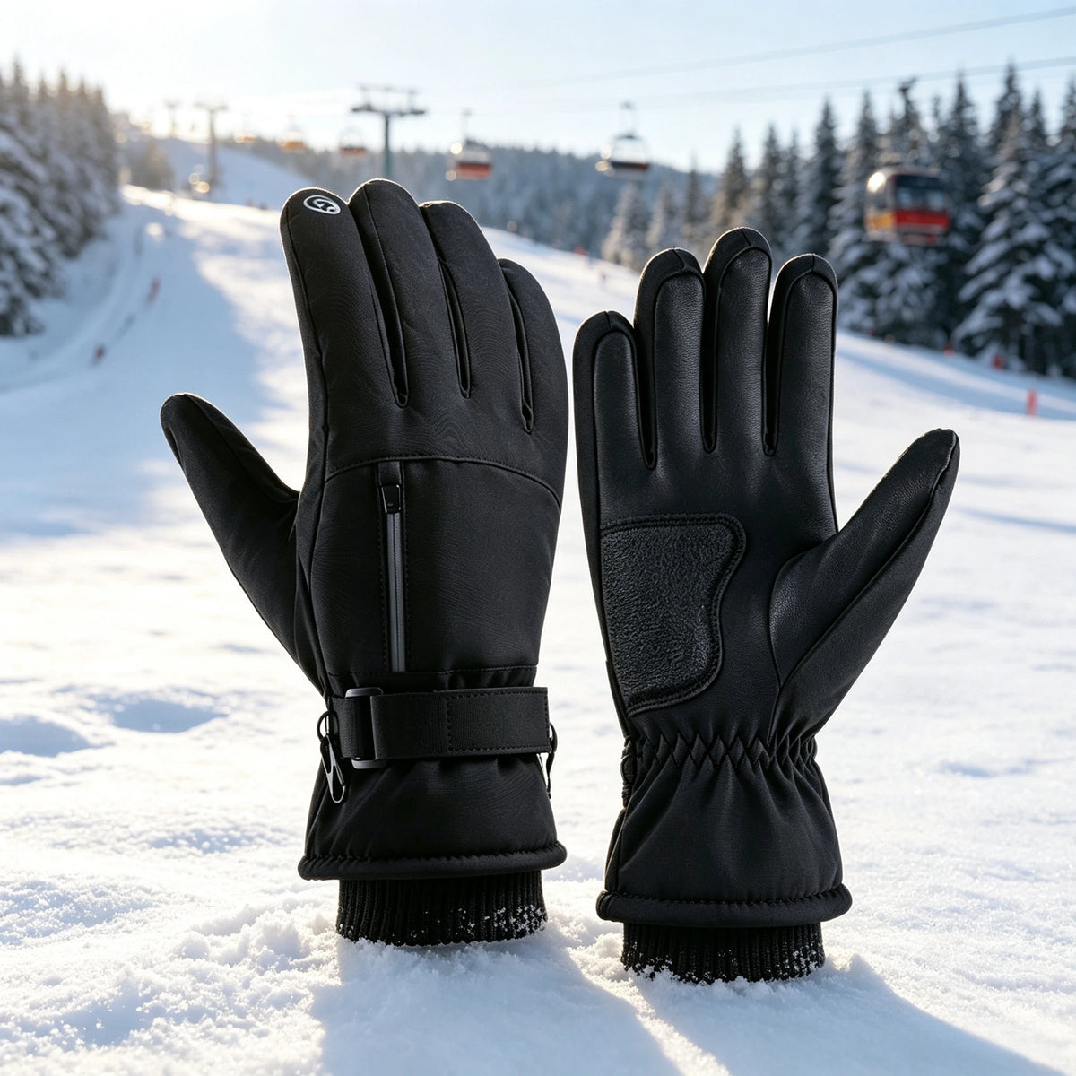 Pair of black fleece-lined winter hiking gloves with a zip pocket on the back of the hand and a wrist strap, standing in snow